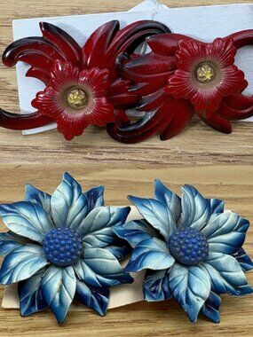 2 Pairs Vintage Mini Floral Metal Curtain Tie Back Pins Tacks Set Rare Retro